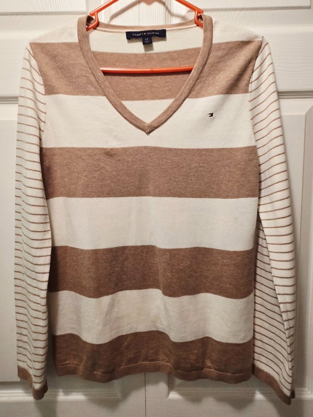 TOMMY HILFIGER Women's V-Neck Long Sleeves Sweater-Multi Stripes - Sz S/P